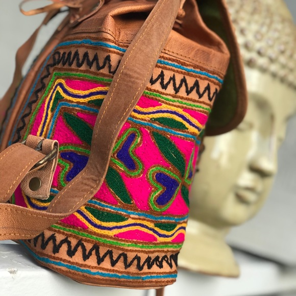 Boho Embroidered Tan Camel Leather Mini Backpack - Picture 8 of 10